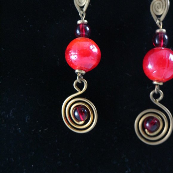 Handmade East African Brass Red Ceramic Beaded Drop Earrings Pair - Picture 5 of 5
